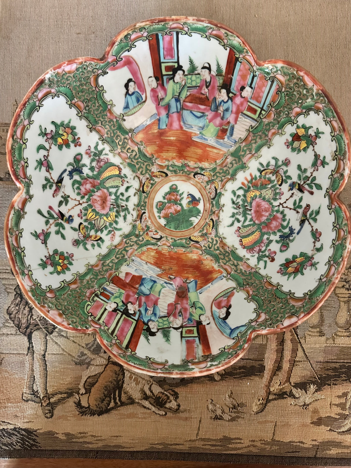 Antique Chinese Rose Medallion Scalloped Bowl – 10.5"
