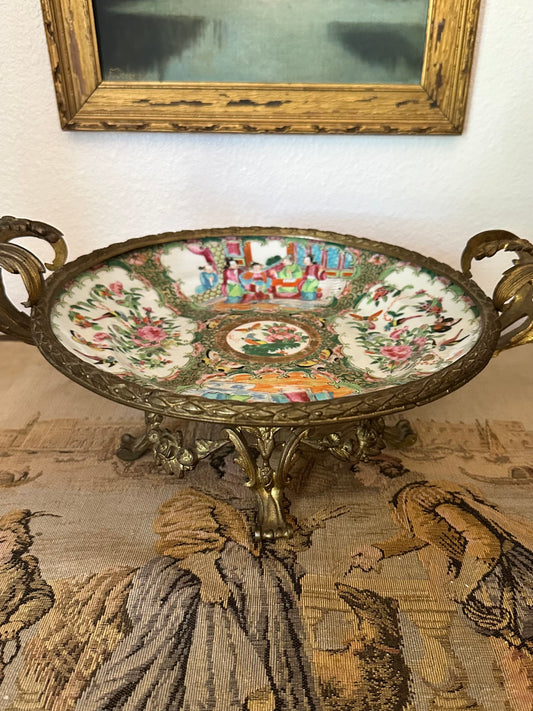 Antique Chinese Rose Medallion Tazza – Gilt-Metal Mounted Centerpiece Bowl