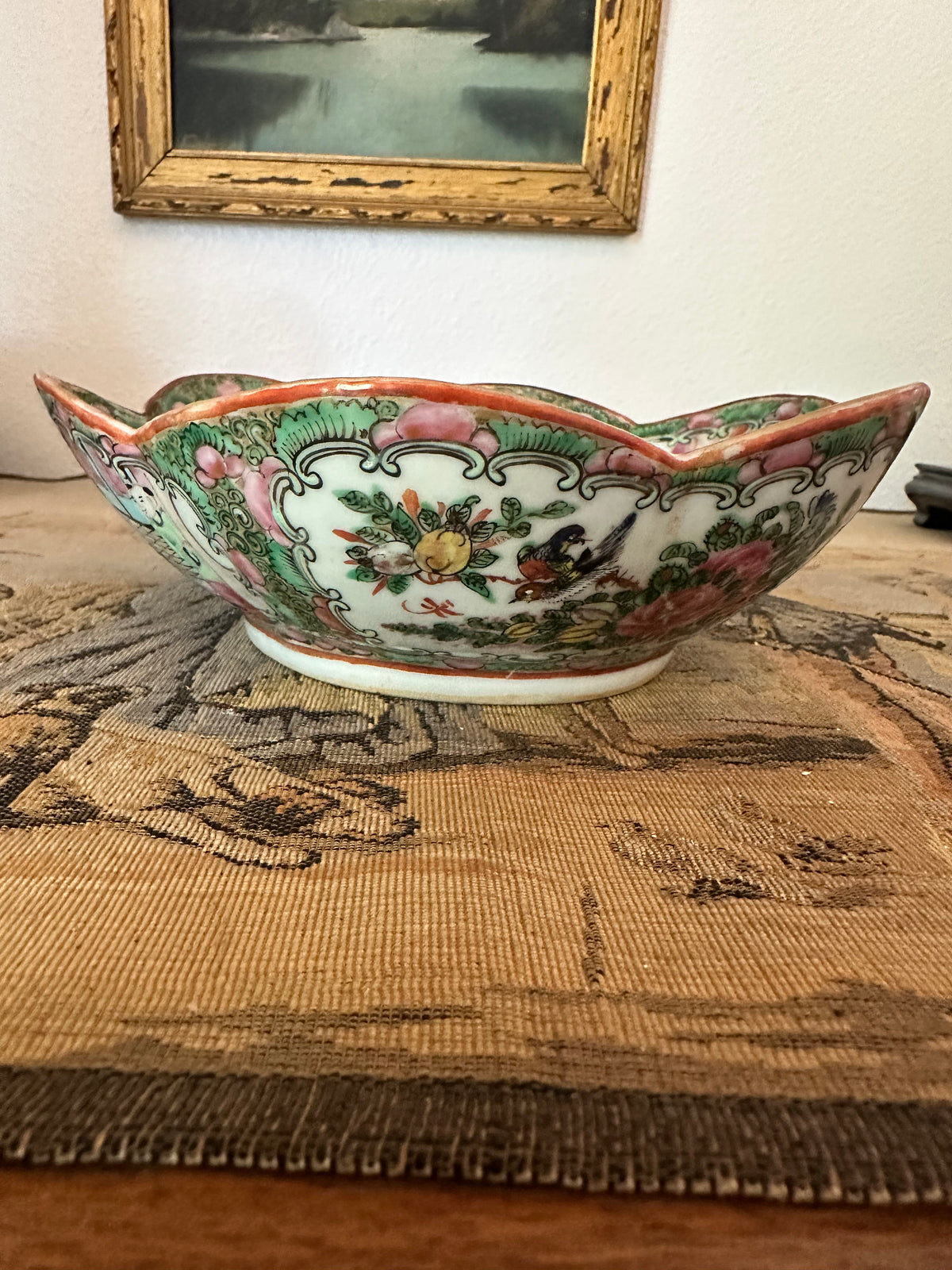 Antique Chinese Rose Medallion Scalloped Bowl – 7.75"
