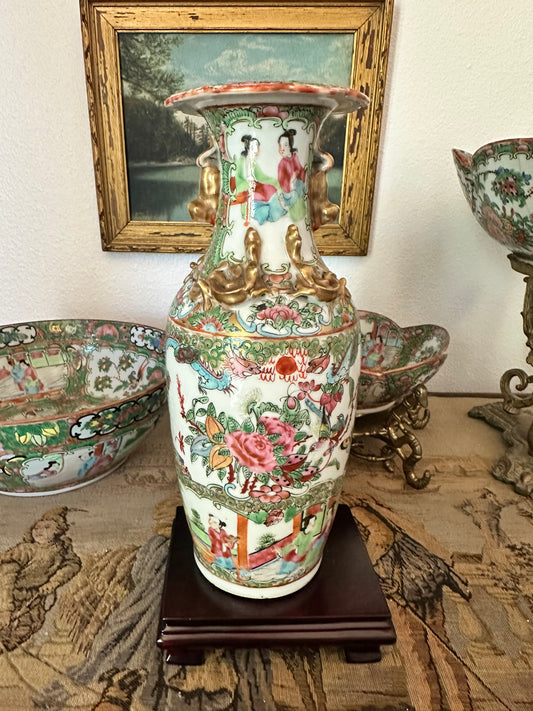 Antique Chinese Rose Medallion Vase with Blue Dragons – 10"