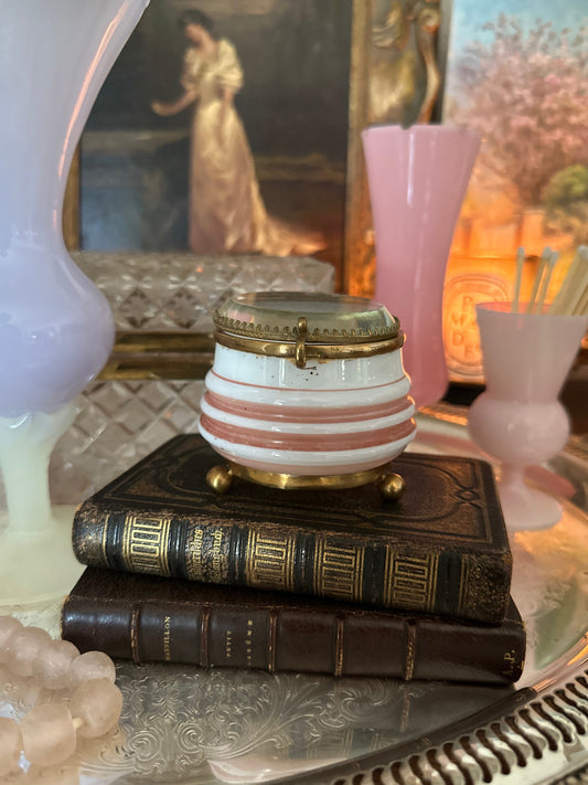 Antique French Pink and White Opaline Glass Trinket Box with Brass Mounts – 3"