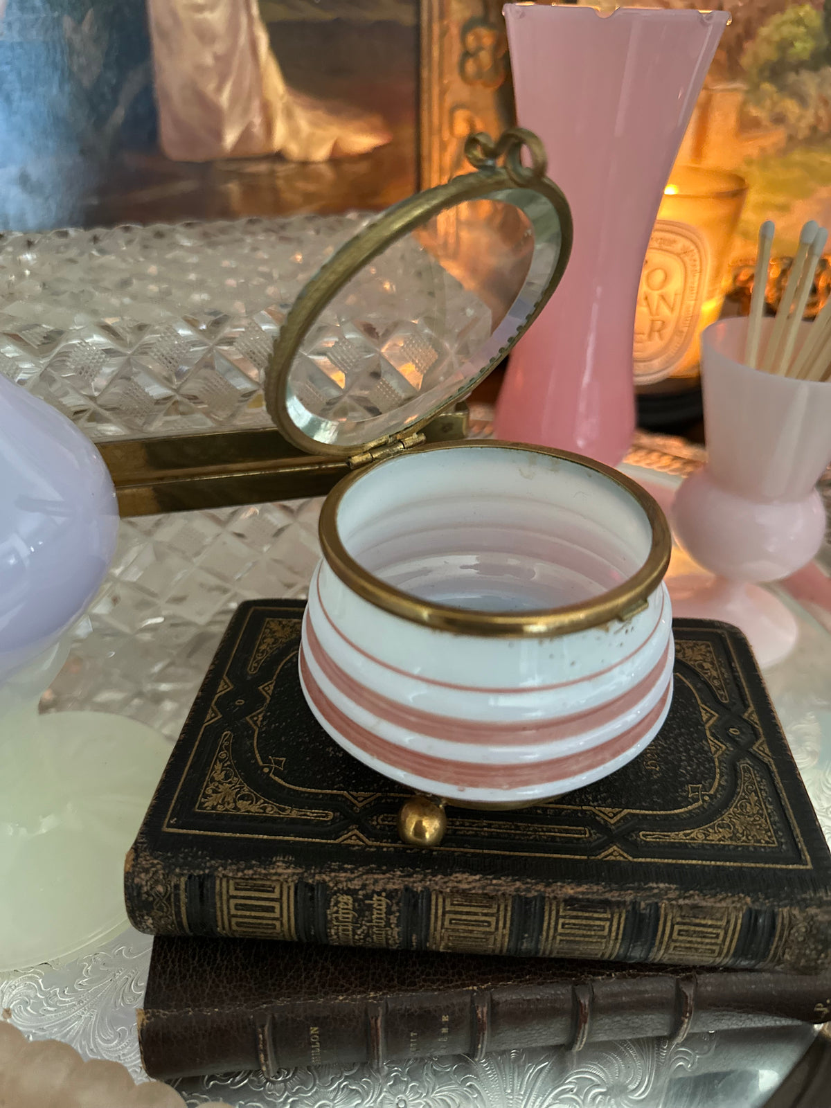 Antique French Pink and White Opaline Glass Trinket Box with Brass Mounts – 3"