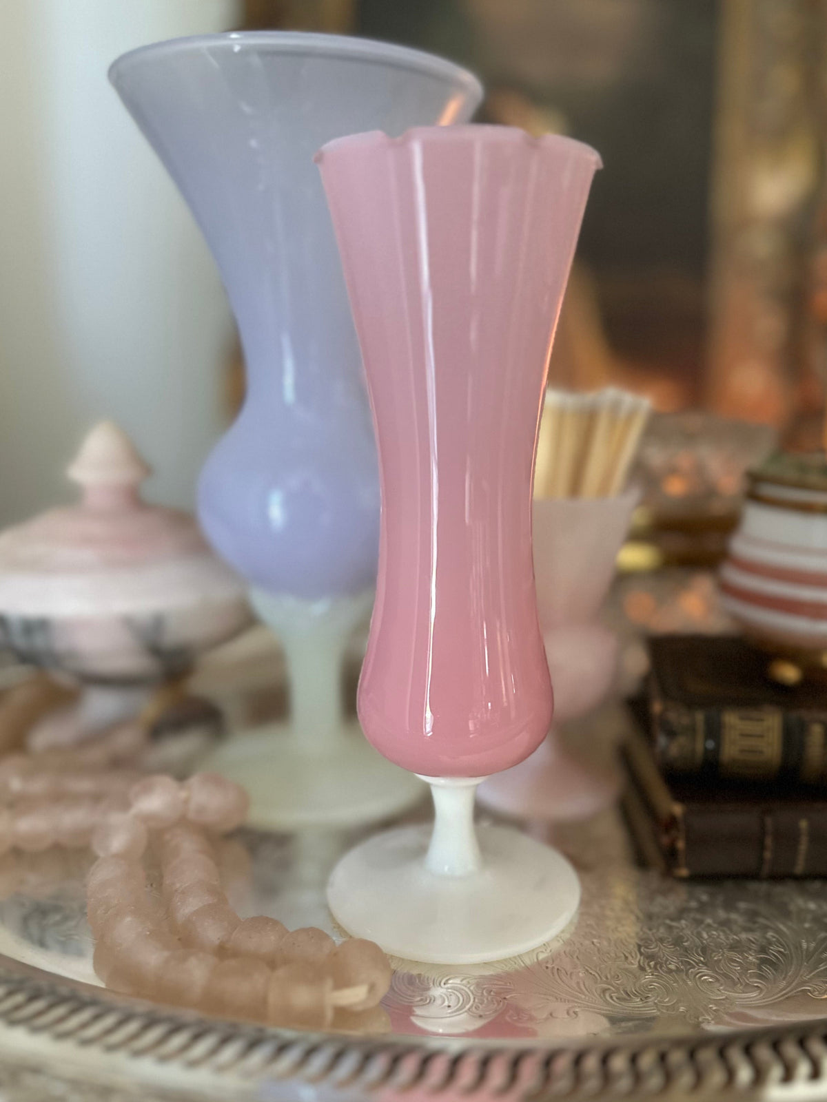 Pink French Opaline Glass Trumpet Vase with White Pedestal Base
