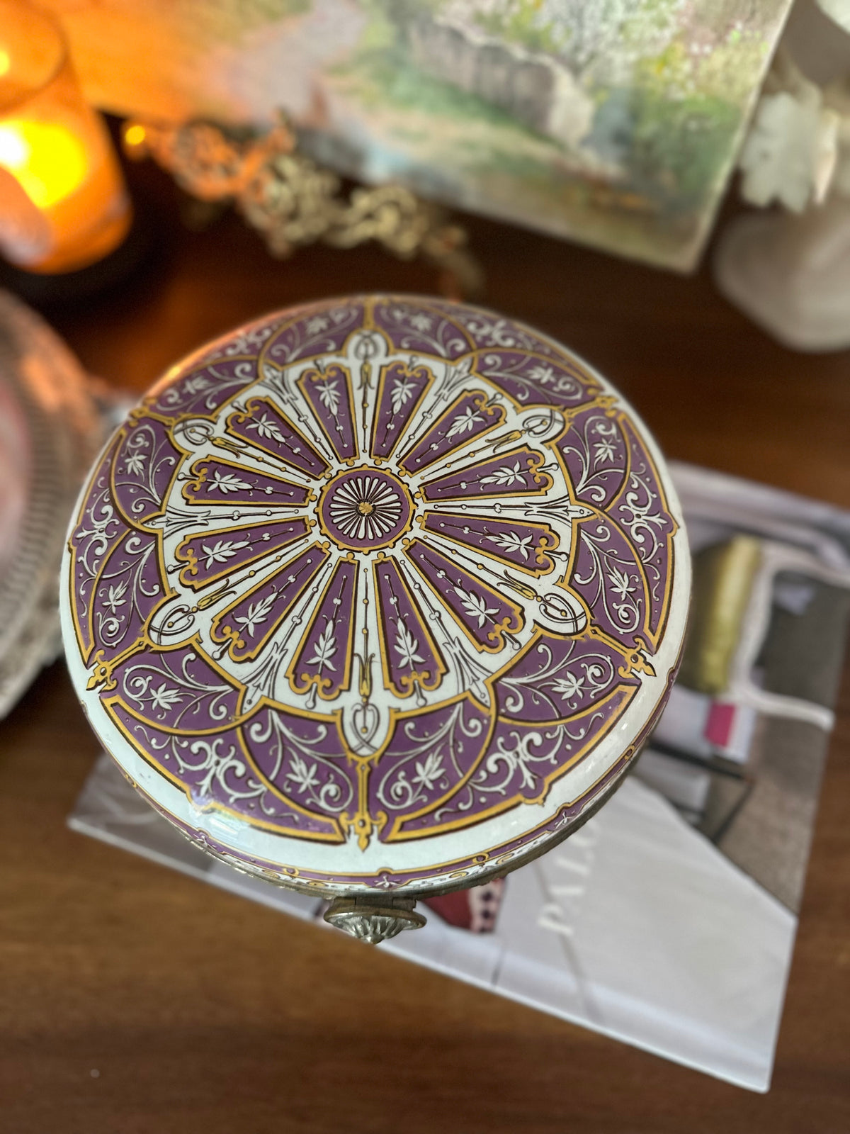 Antique French Sarreguemines Purple and Gold Porcelain Casket, Circa 1880–1900