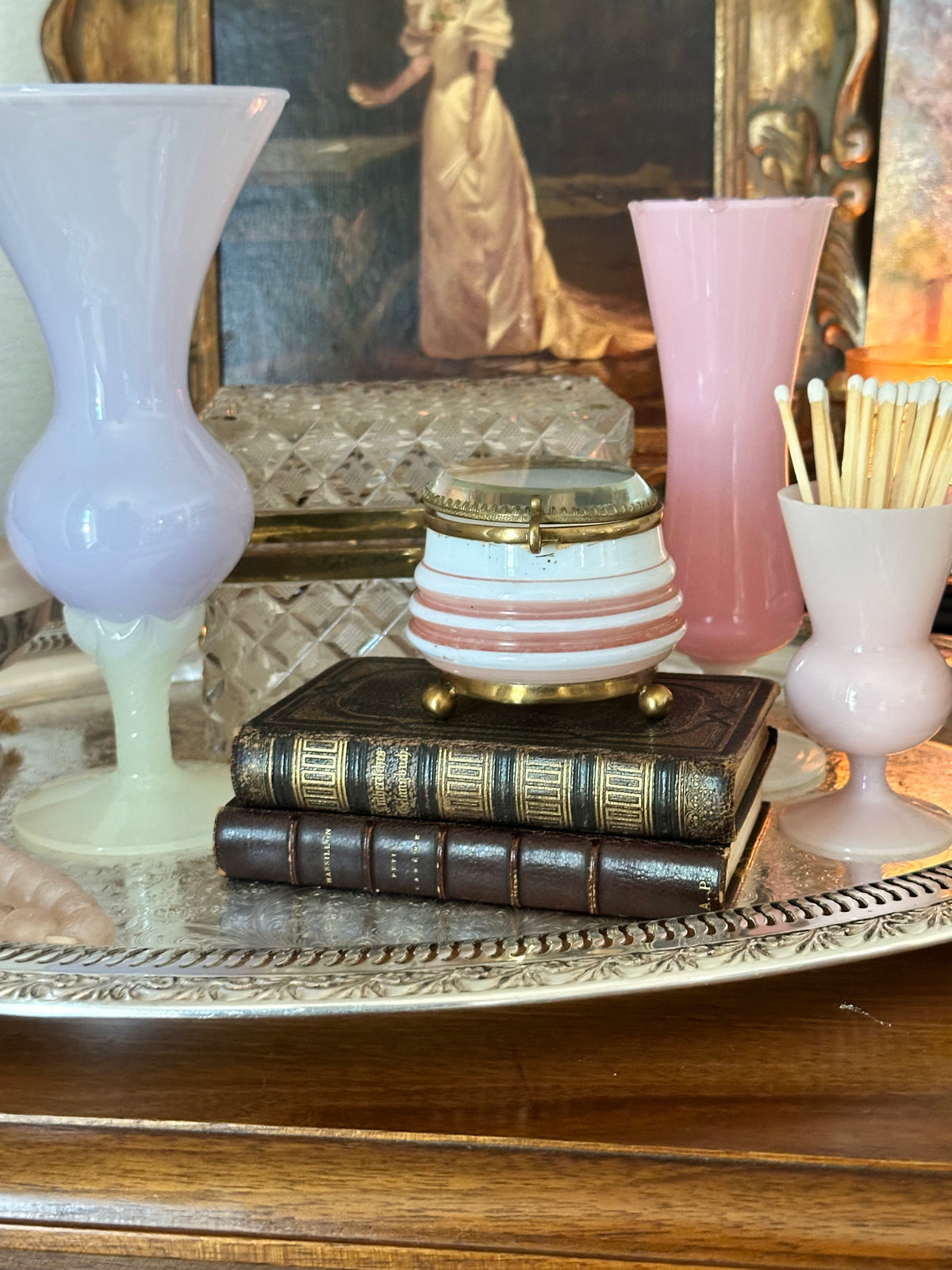 Antique French Pink and White Opaline Glass Trinket Box with Brass Mounts – 3"