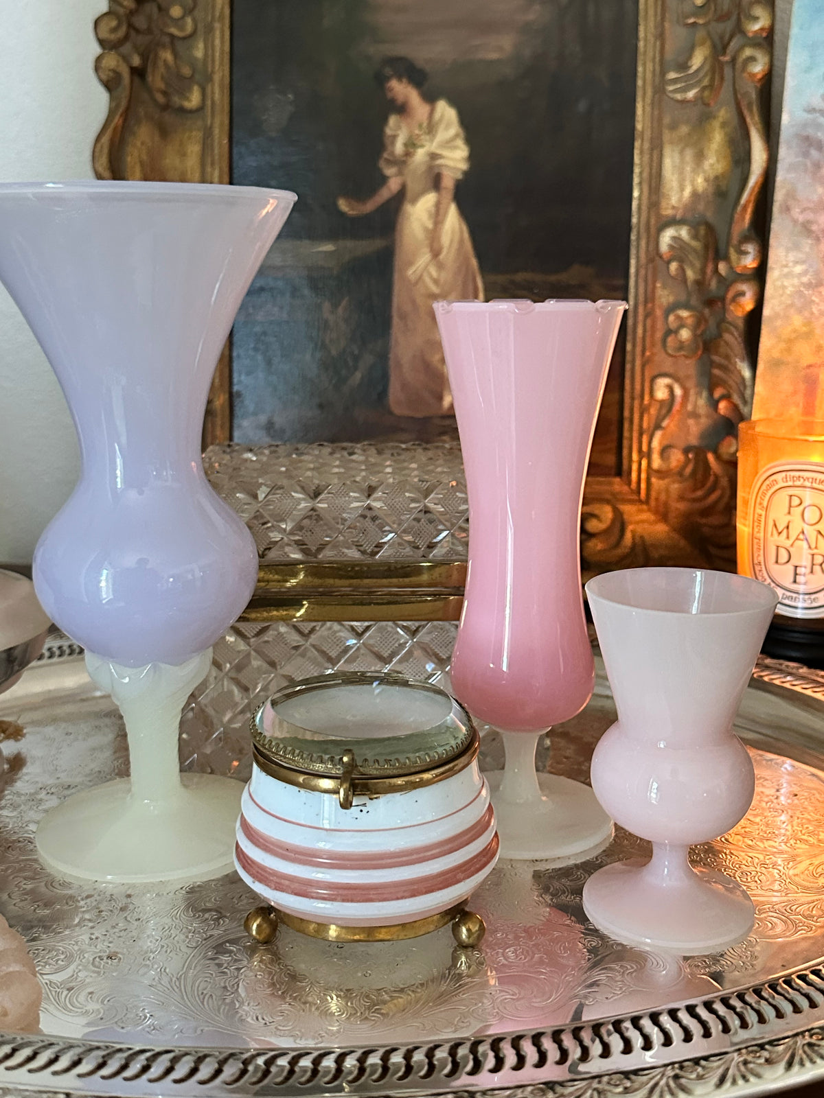 Antique French Pink and White Opaline Glass Trinket Box with Brass Mounts – 3"