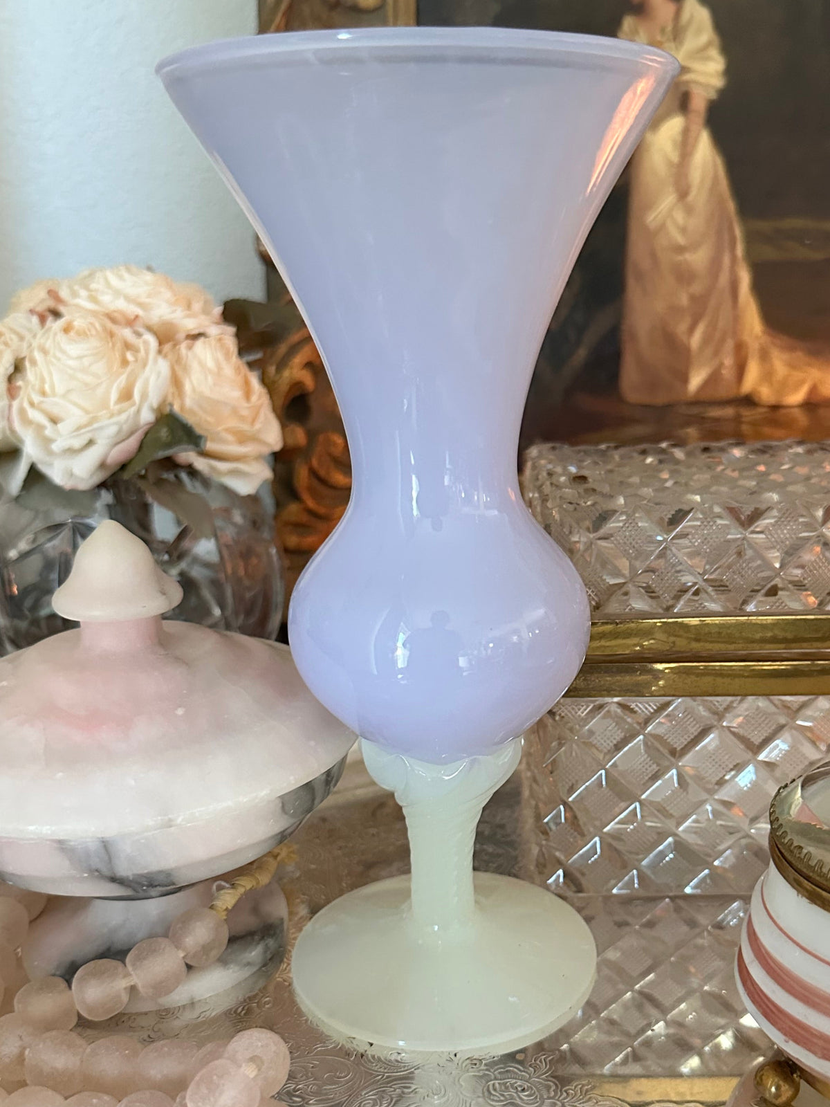 Vintage French Lavender Opaline Glass Vase with Bulle de Savon Base – 8.25"