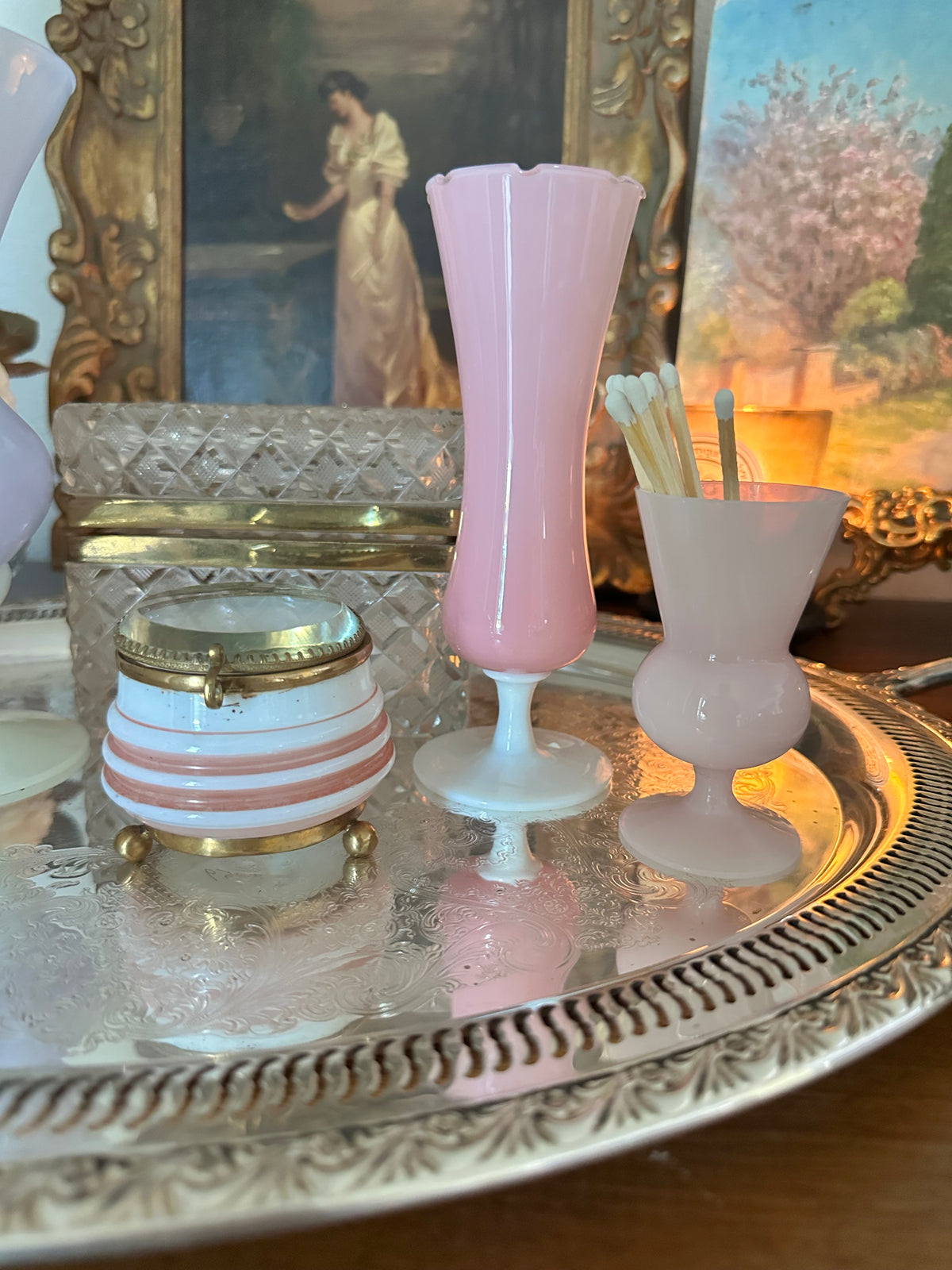 Pink French Opaline Glass Trumpet Vase with White Pedestal Base