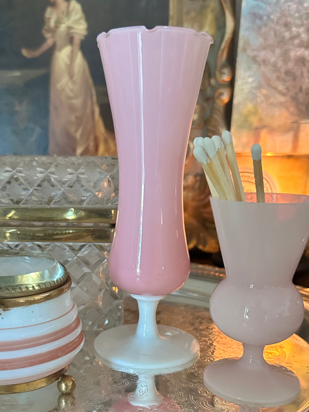 Pink French Opaline Glass Trumpet Vase with White Pedestal Base