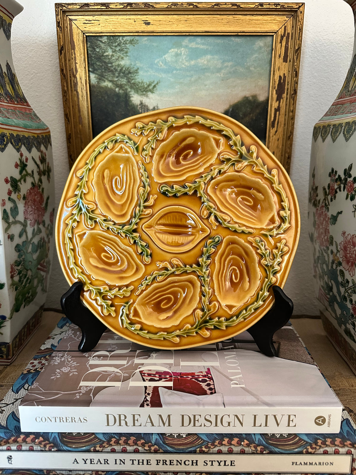 Vintage French Orfinox Majolica Oyster Plates – Ochre – 9.25" – Four Available