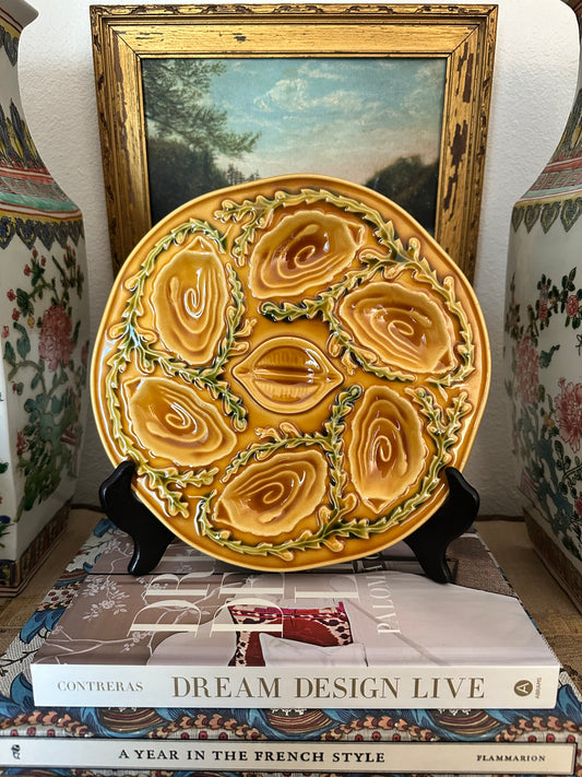 Vintage French Orfinox Majolica Oyster Plates – Ochre – 9.25" – Four Available