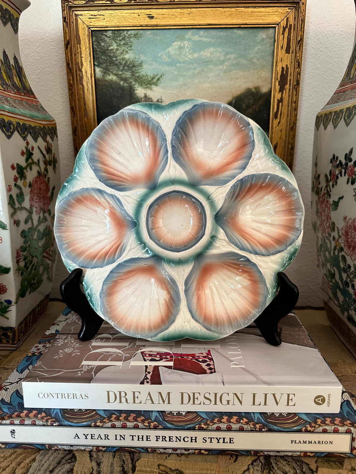 Vintage French Digoin & Sarreguemines Oyster Plate – Pink, Blue & Green – 9.5"