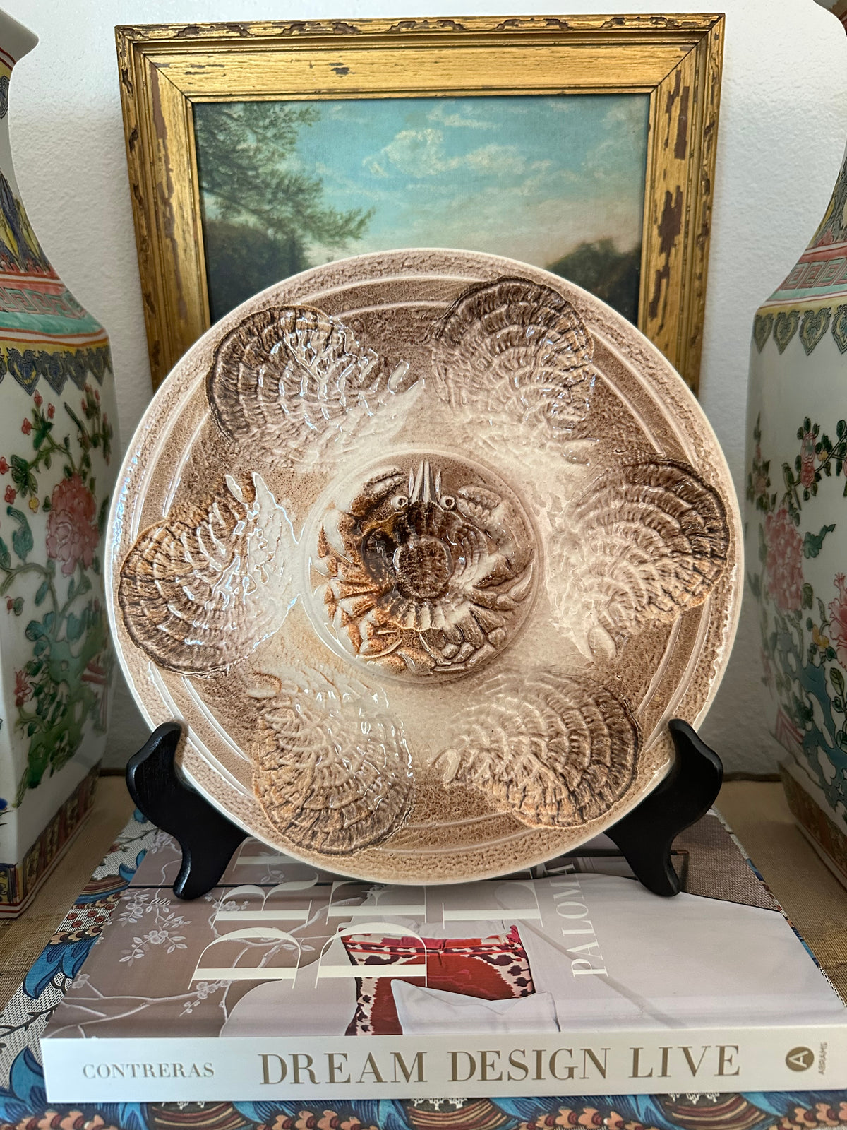 Vintage French Sarreguemines Majolica Oyster Plate with Crab – 9.5"