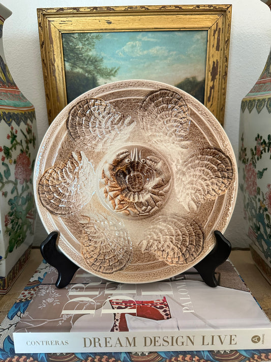 Vintage French Sarreguemines Majolica Oyster Plate with Crab – 9.5"
