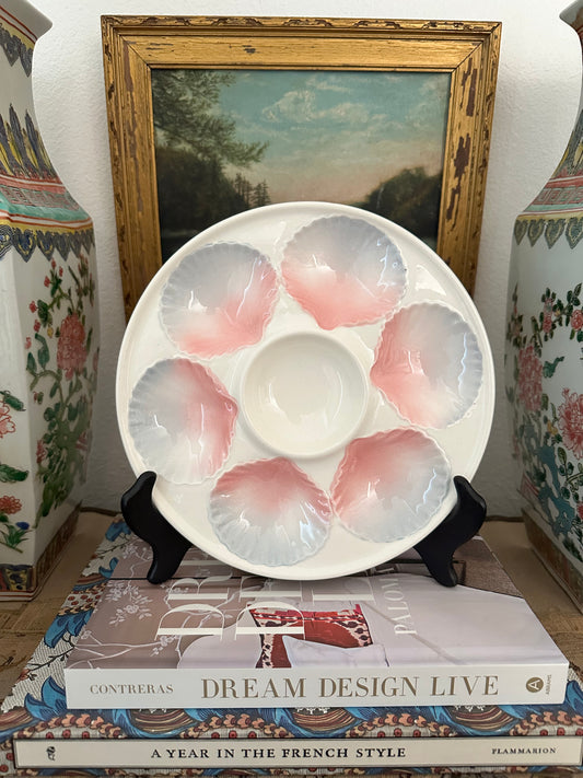 Antique German Oyster Plate, Attributed to Max Roesler – Pink & Blue Shells – 9"