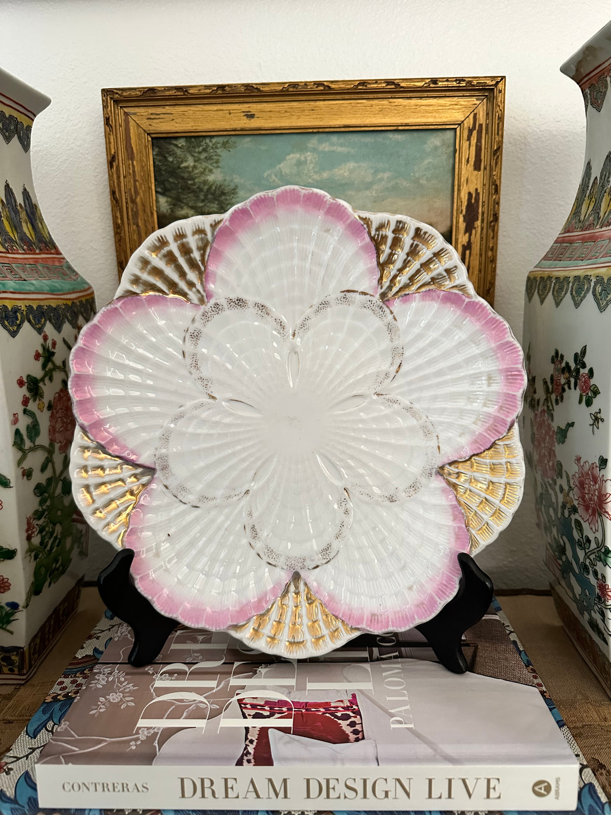 Antique Shell-Form Oyster Plate, Attributed to J&C Jaeger & Co. – Pink & Gold – 10.5"