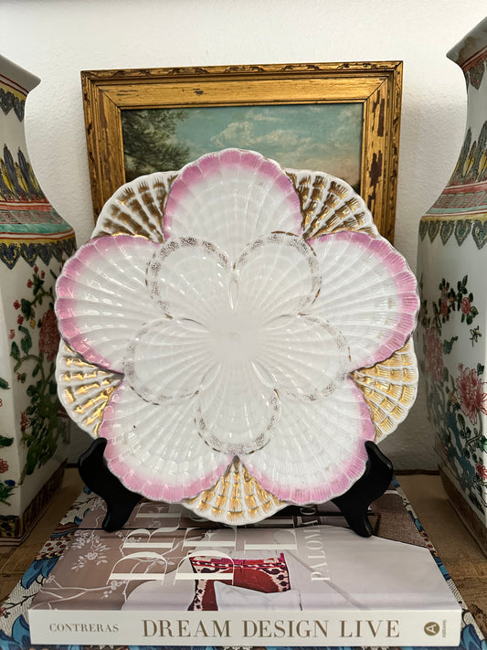 Antique Shell-Form Oyster Plate, Attributed to J&C Jaeger & Co. – Pink & Gold – 10.5"