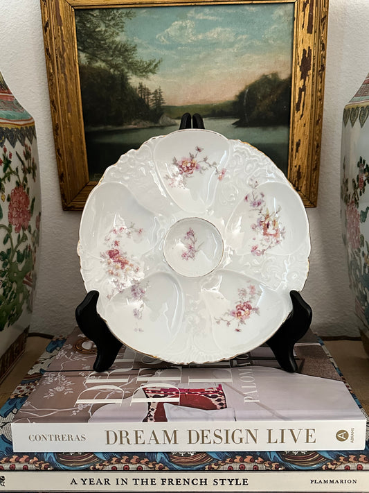 Vintage Porcelain Oyster Plate with Pink Florals & Embossed Scrollwork – 8"