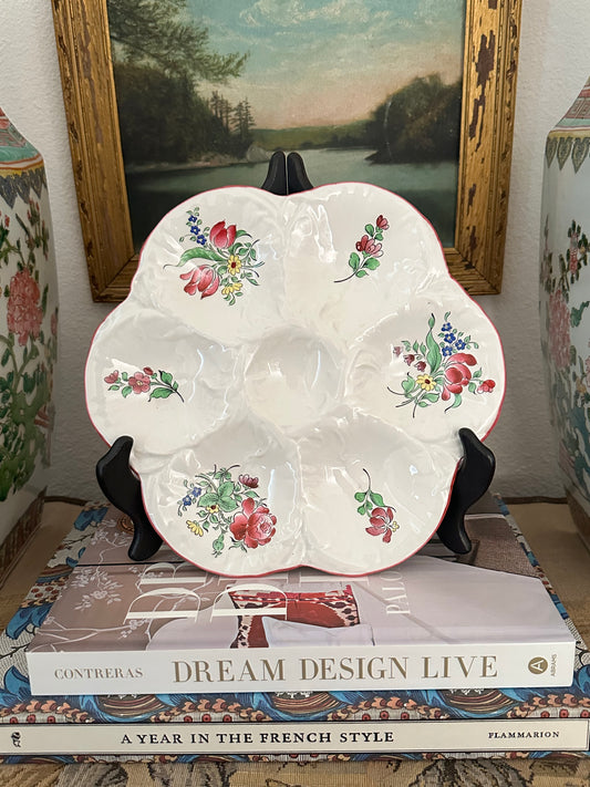 Vintage French KG Lunéville Oyster Plate with Pink Florals – 9.5"