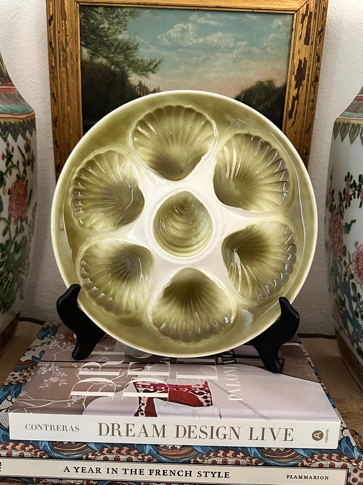 Vintage French Moulin des Loups Oyster Plate – Olive Green – 9.5"