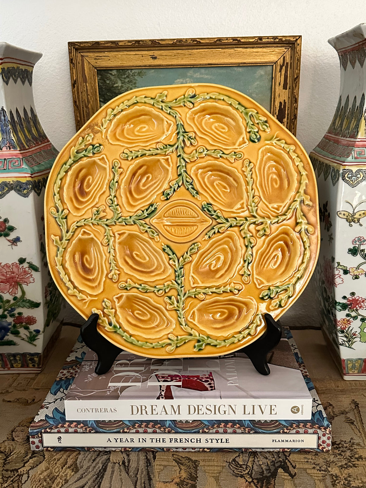 Vintage French Orfinox-Style Majolica Oyster Platter – Ochre – 12"