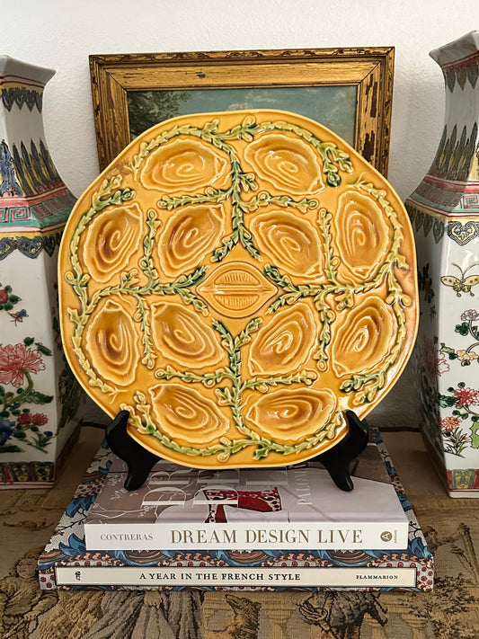 Vintage French Orfinox-Style Majolica Oyster Platter – Ochre – 12"