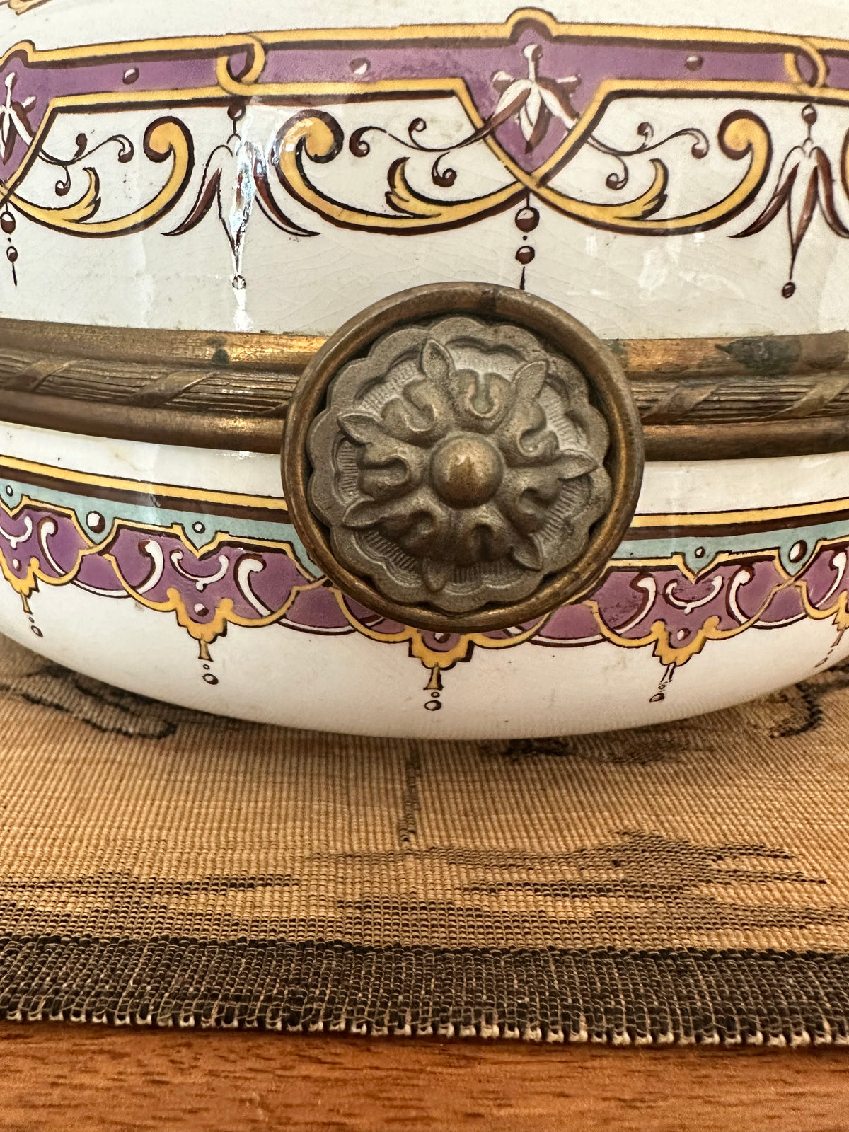 Antique French Sarreguemines Purple and Gold Porcelain Casket, Circa 1880–1900