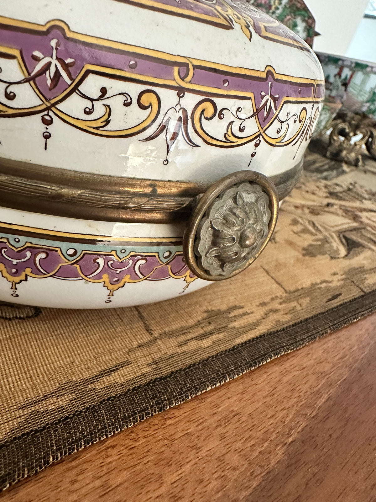 Antique French Sarreguemines Purple and Gold Porcelain Casket, Circa 1880–1900