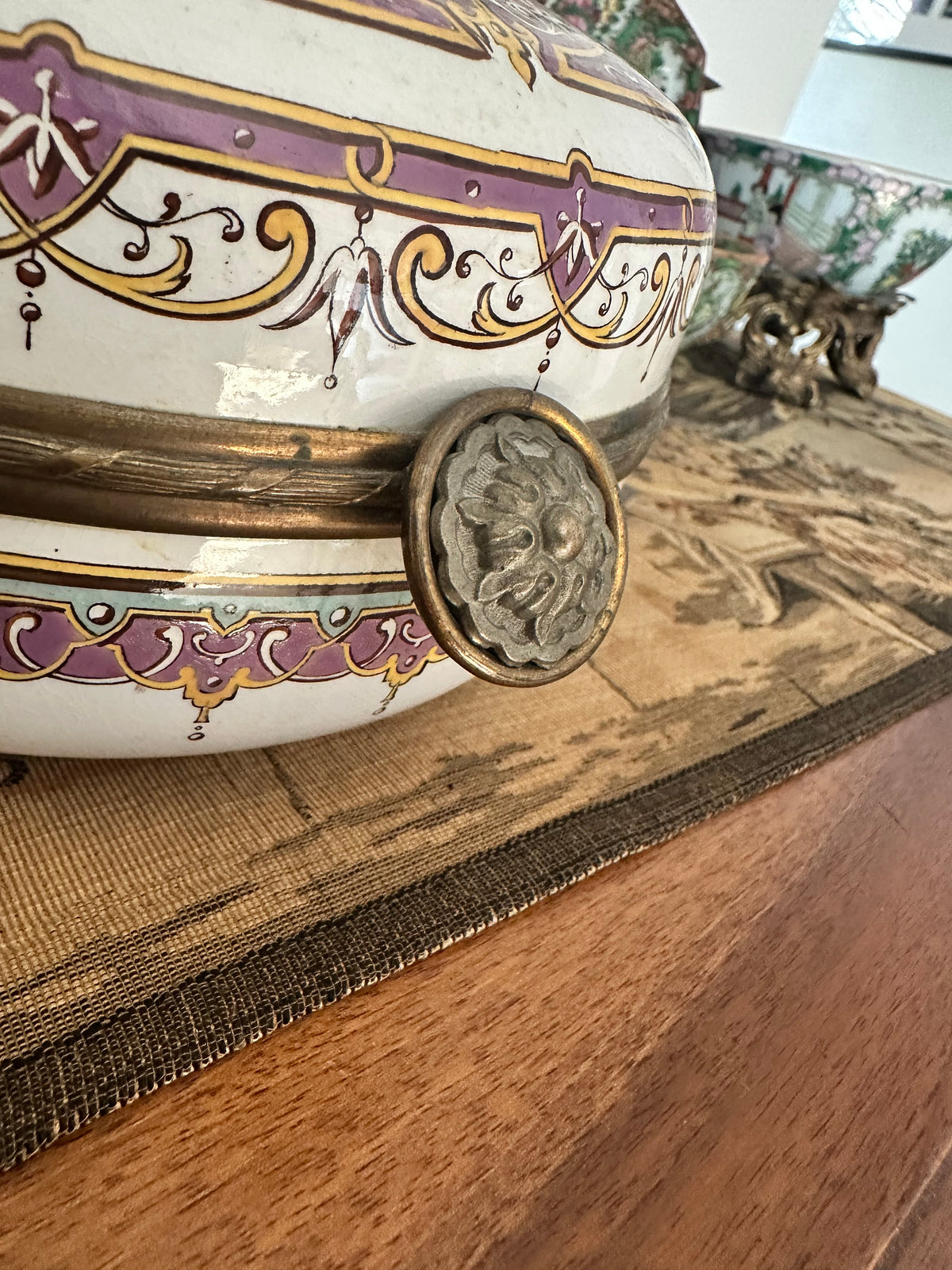 Antique French Sarreguemines Purple and Gold Porcelain Casket, Circa 1880–1900
