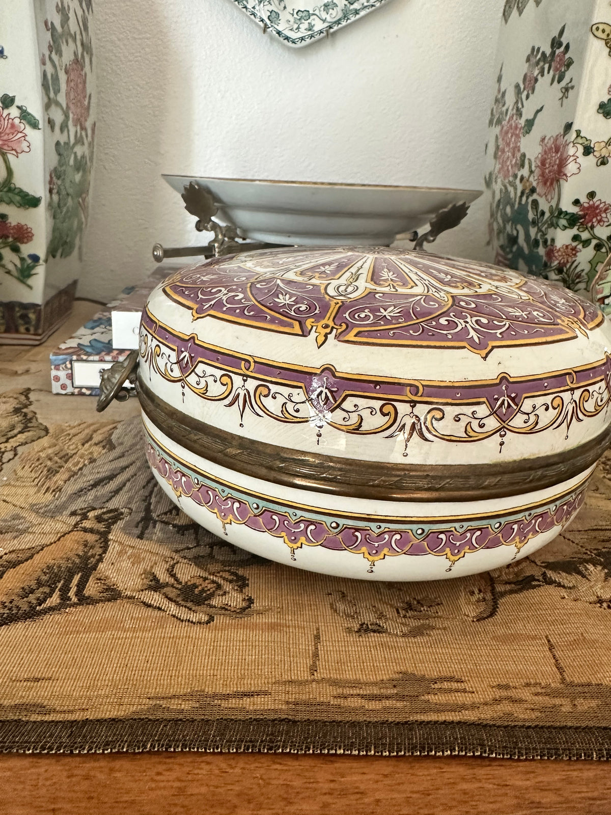 Antique French Sarreguemines Purple and Gold Porcelain Casket, Circa 1880–1900
