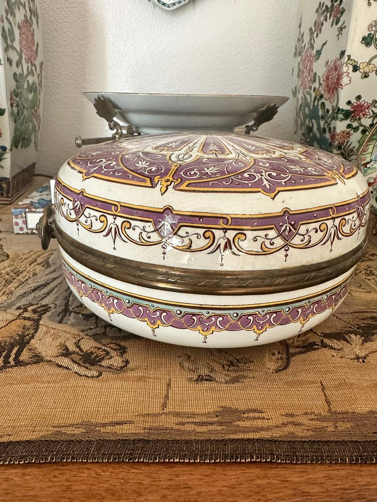 Antique French Sarreguemines Purple and Gold Porcelain Casket, Circa 1880–1900