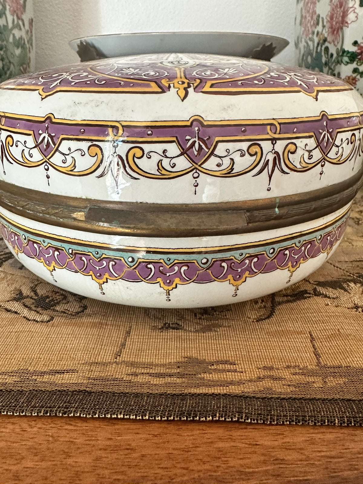 Antique French Sarreguemines Purple and Gold Porcelain Casket, Circa 1880–1900