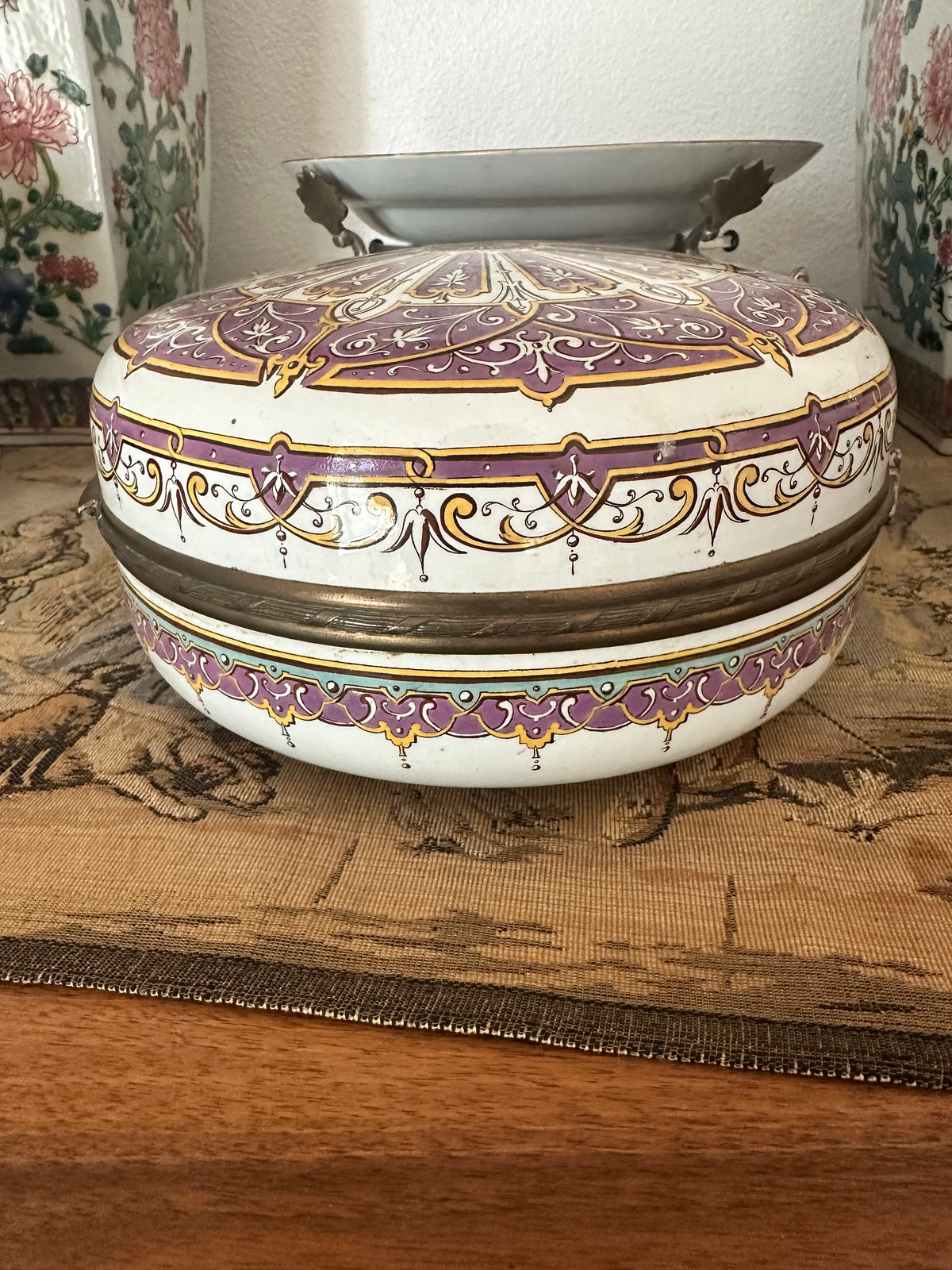 Antique French Sarreguemines Purple and Gold Porcelain Casket, Circa 1880–1900