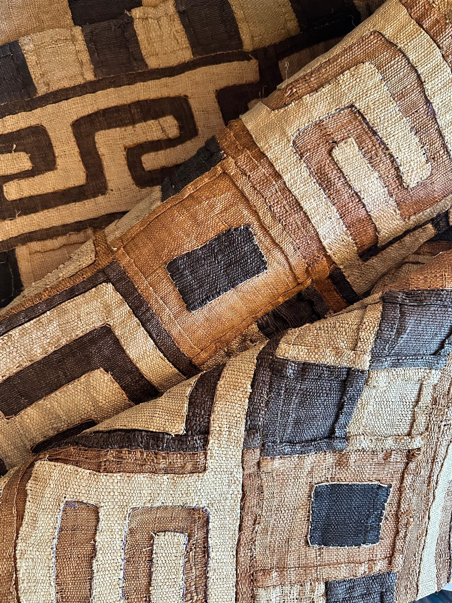 Vintage Kuba Cloth Textile Runner | Handwoven African Raffia Textile | 14 Ft Long