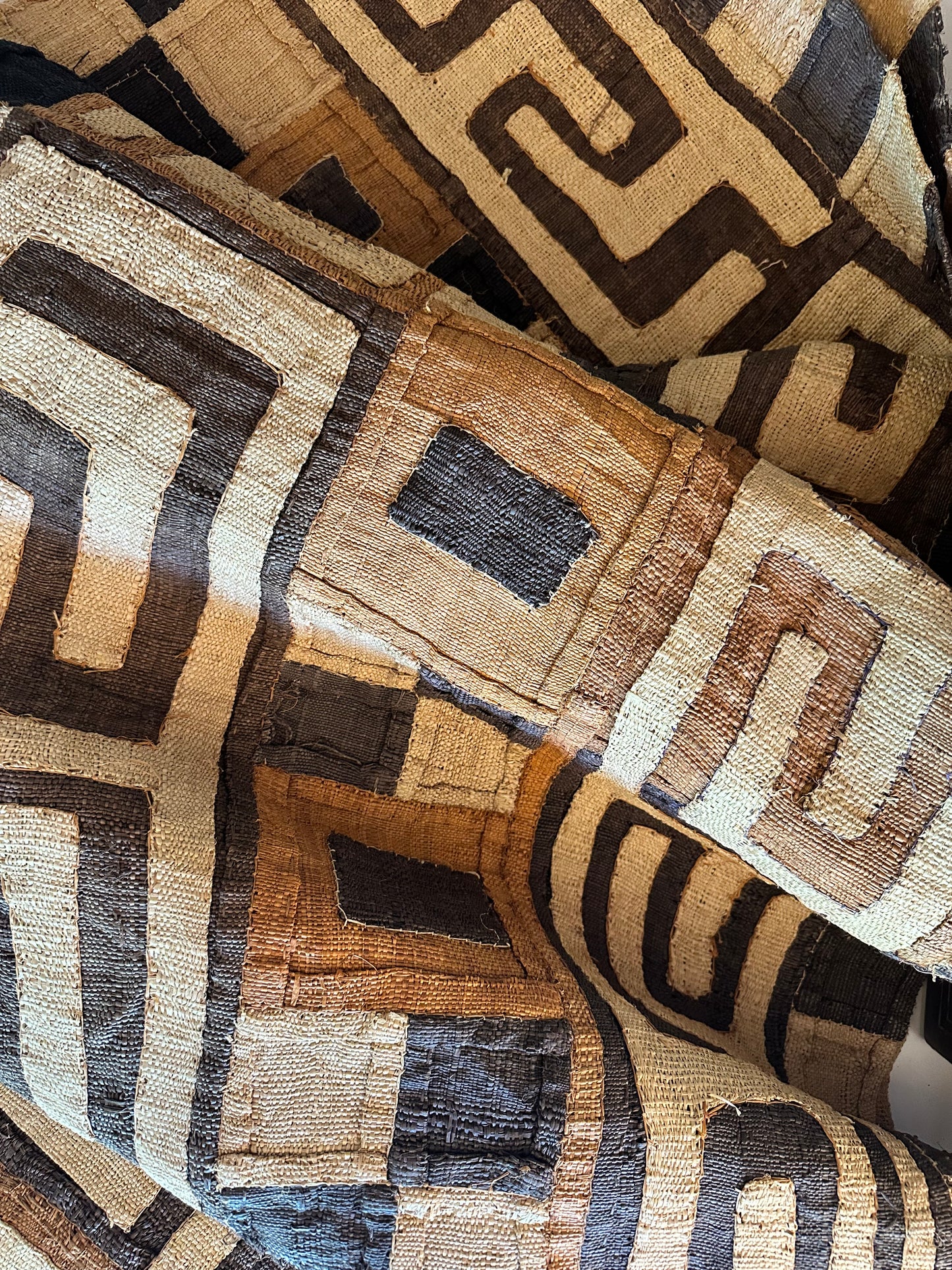 Vintage Kuba Cloth Textile Runner | Handwoven African Raffia Textile | 14 Ft Long