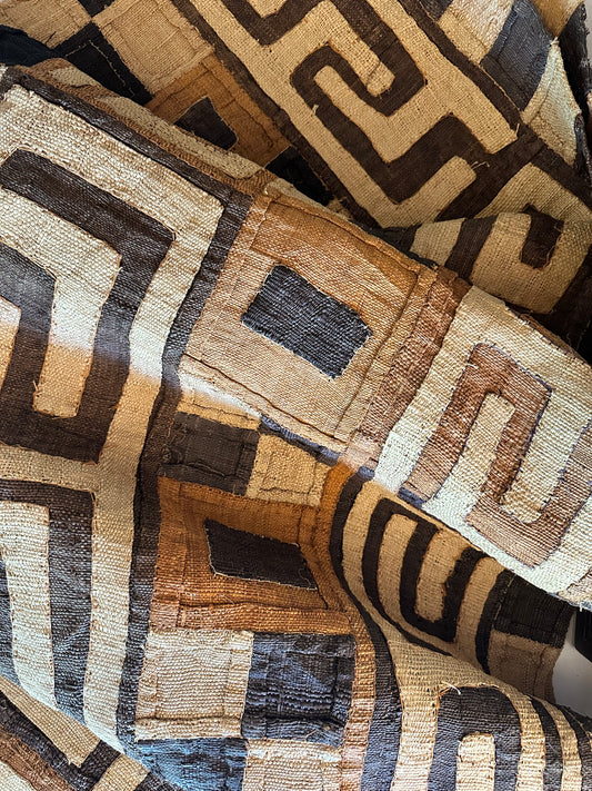 Vintage Kuba Cloth Textile Runner | Handwoven African Raffia Textile | 14 Ft Long