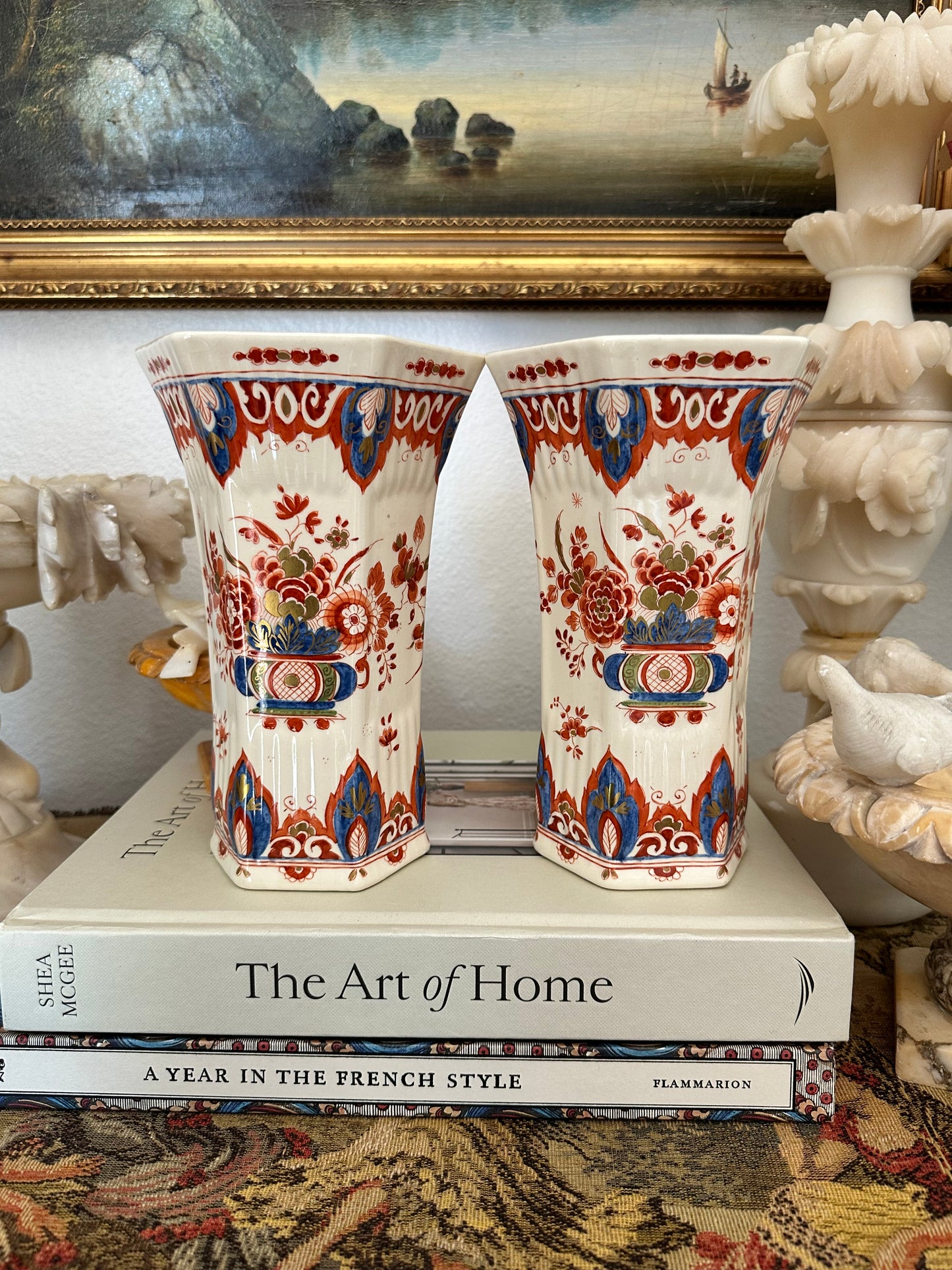 Pair of Antique Delft Style Pottery Vases, Hand Painted Red & Blue Floral Decoration
