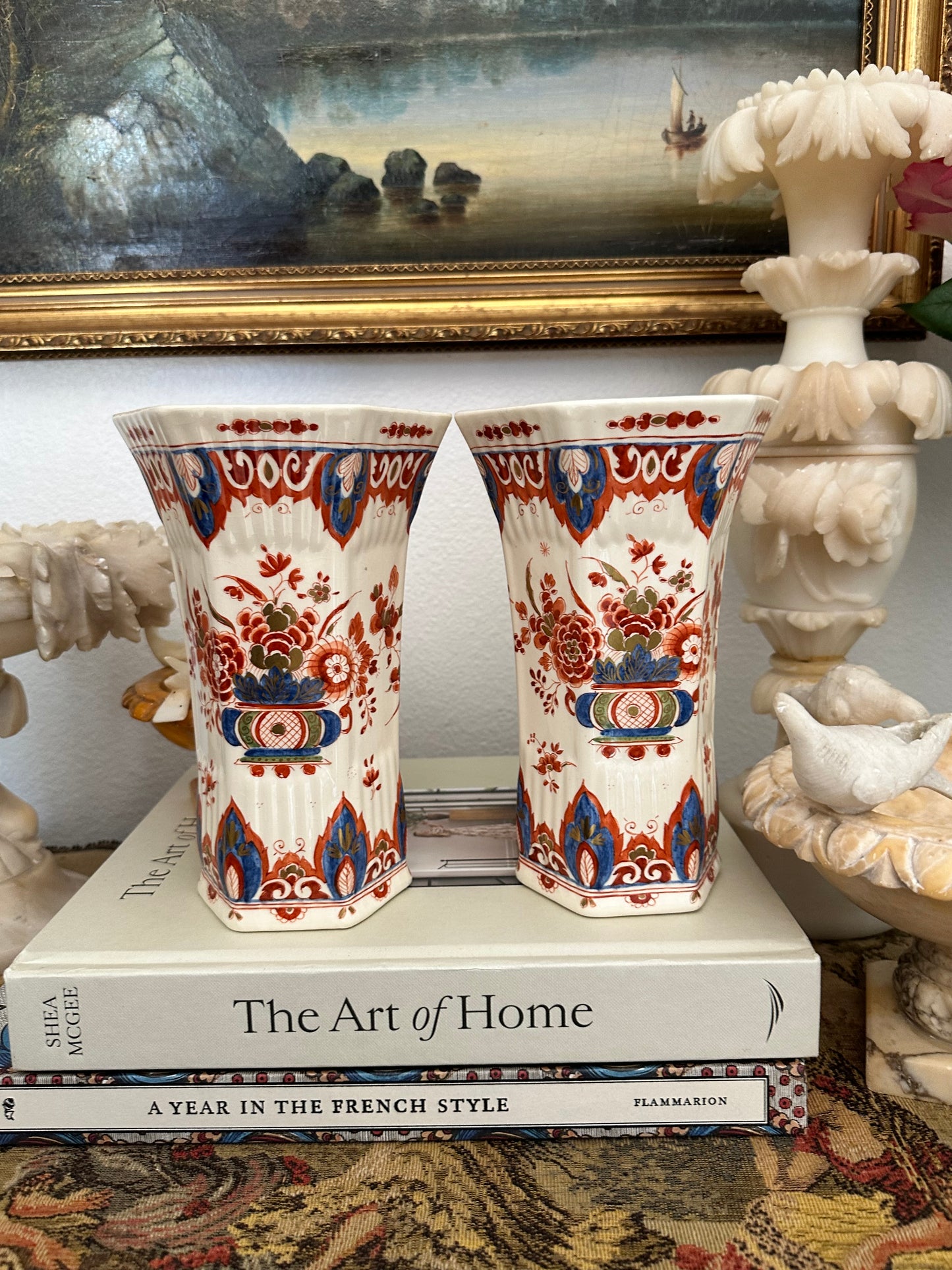 Pair of Antique Delft Style Pottery Vases, Hand Painted Red & Blue Floral Decoration