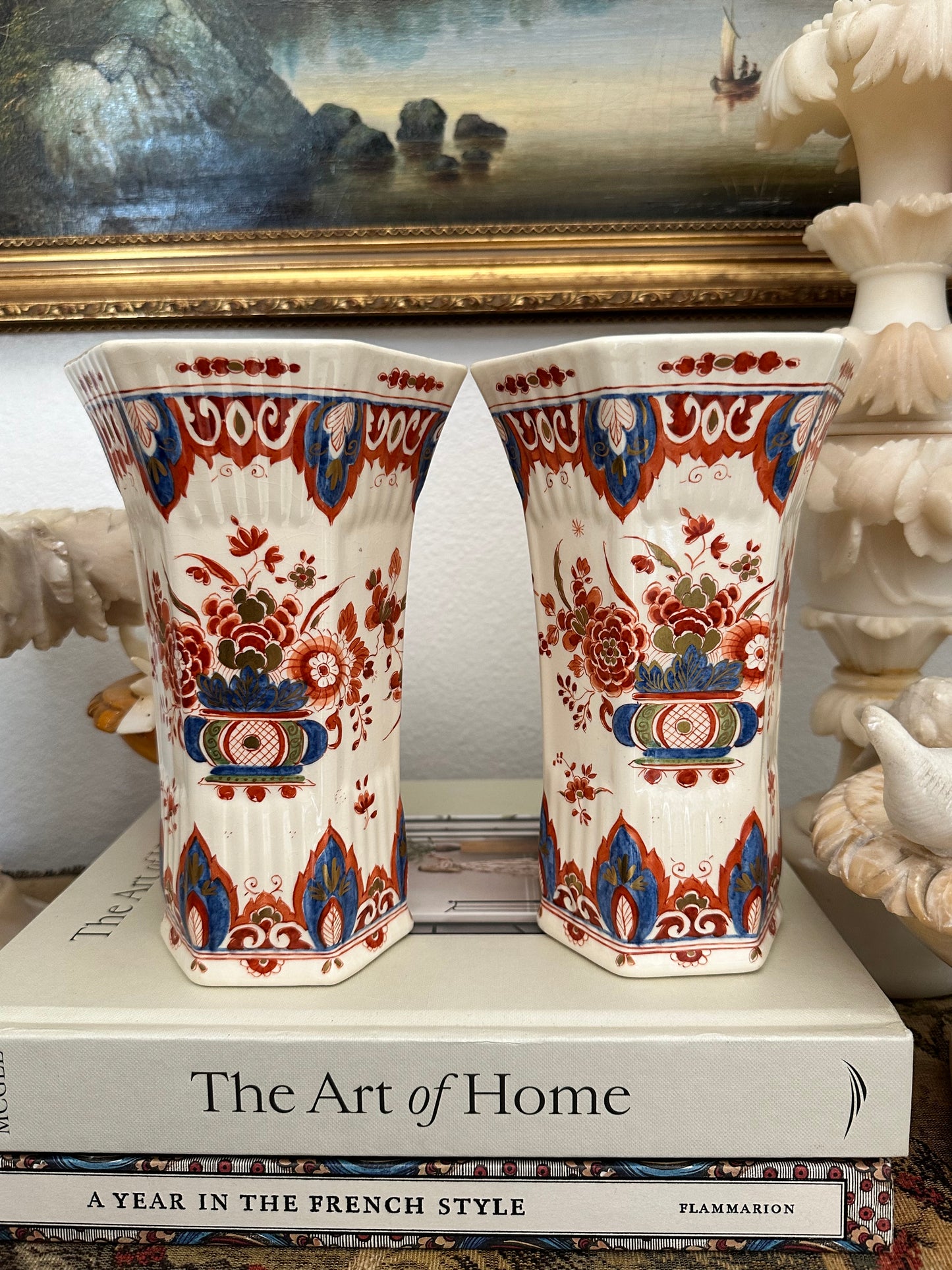 Pair of Antique Delft Style Pottery Vases, Hand Painted Red & Blue Floral Decoration