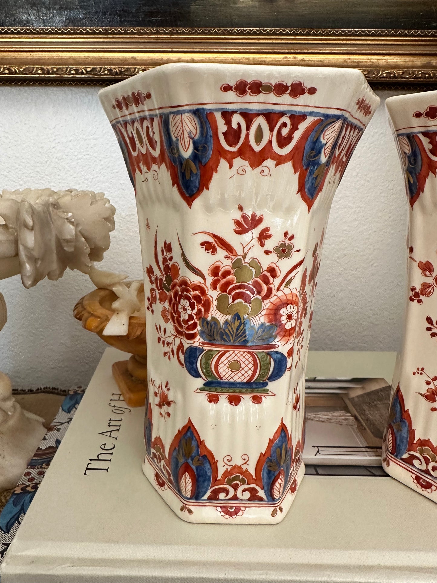 Pair of Antique Delft Style Pottery Vases, Hand Painted Red & Blue Floral Decoration