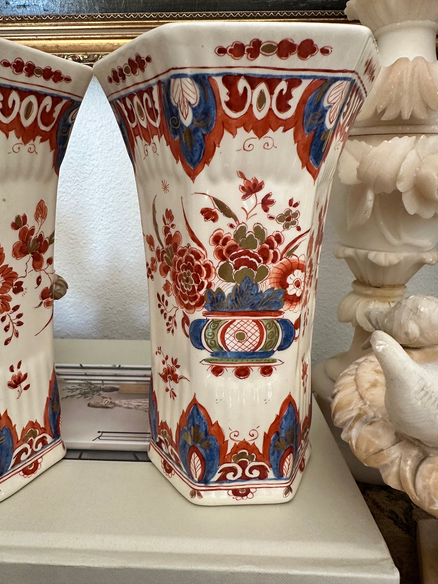 Pair of Antique Delft Style Pottery Vases, Hand Painted Red & Blue Floral Decoration