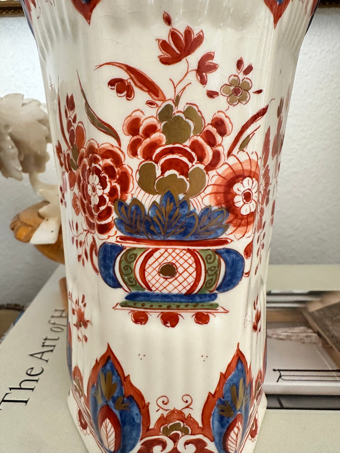 Pair of Antique Delft Style Pottery Vases, Hand Painted Red & Blue Floral Decoration