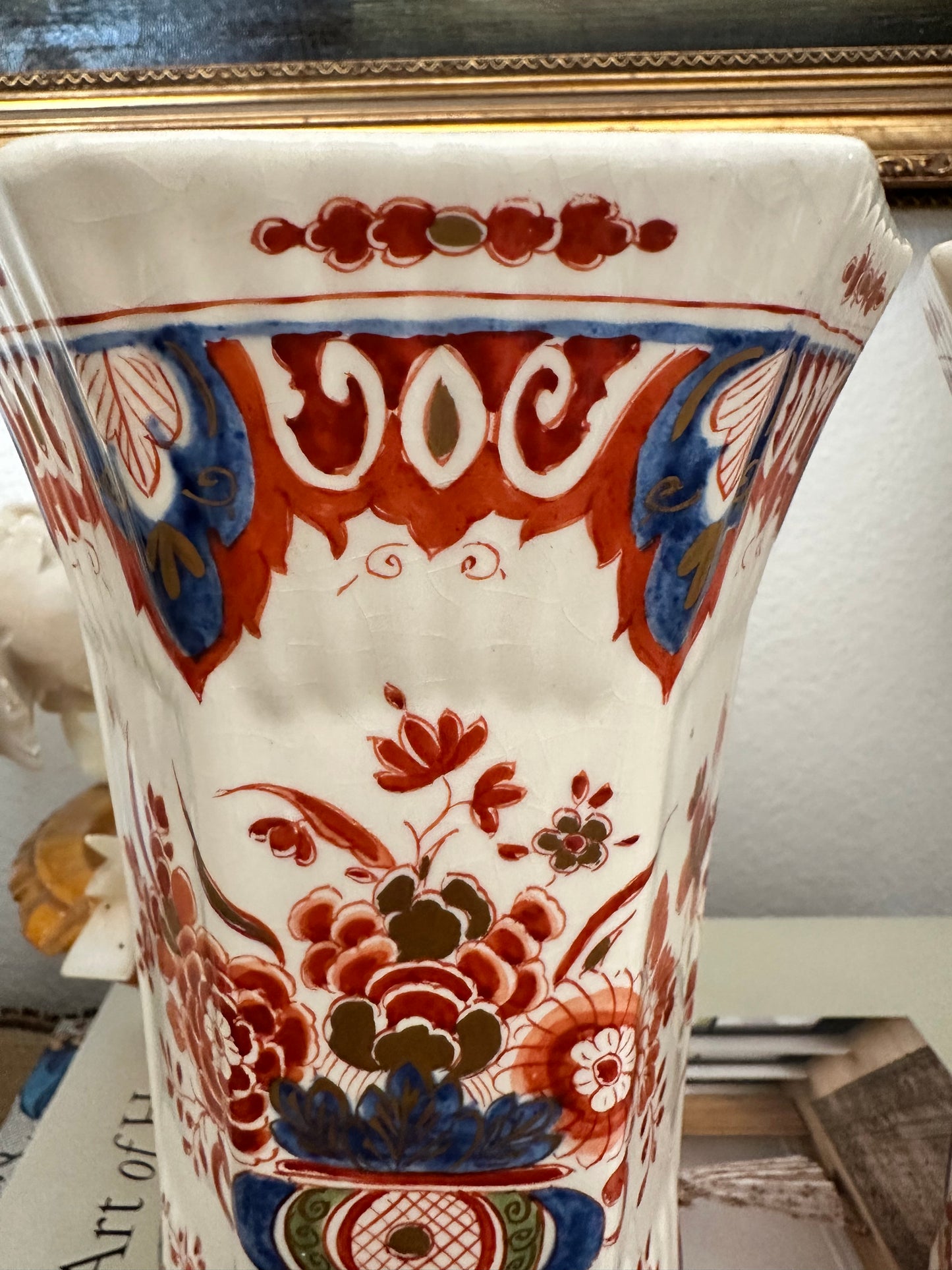 Pair of Antique Delft Style Pottery Vases, Hand Painted Red & Blue Floral Decoration