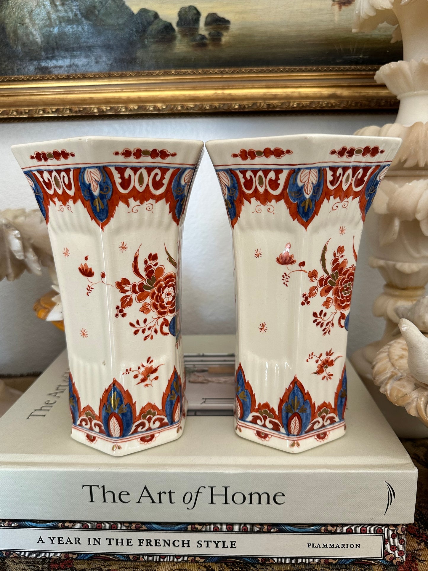 Pair of Antique Delft Style Pottery Vases, Hand Painted Red & Blue Floral Decoration