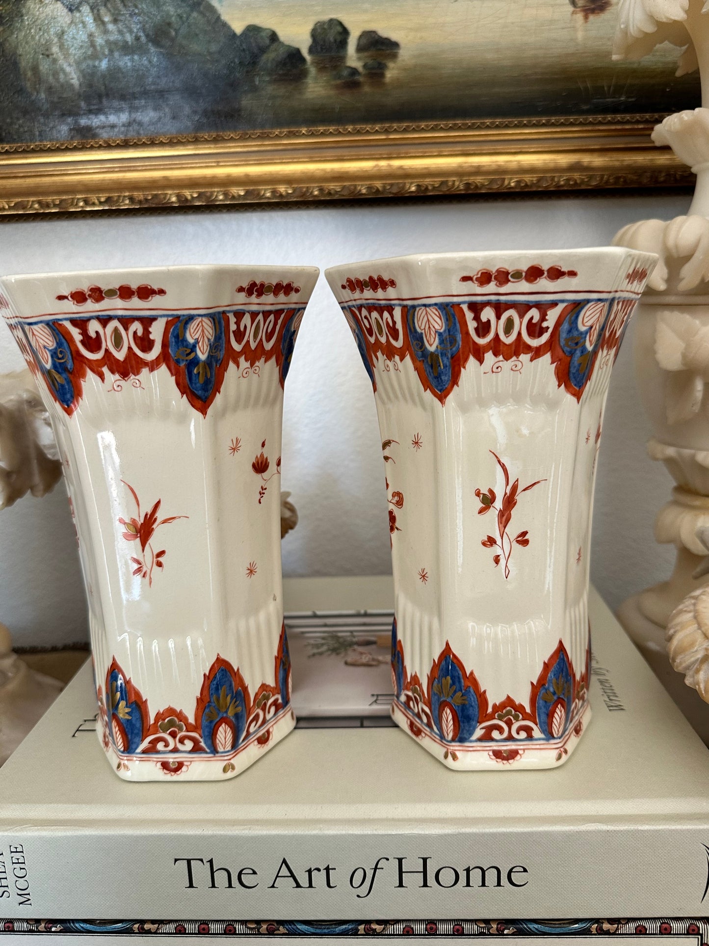 Pair of Antique Delft Style Pottery Vases, Hand Painted Red & Blue Floral Decoration