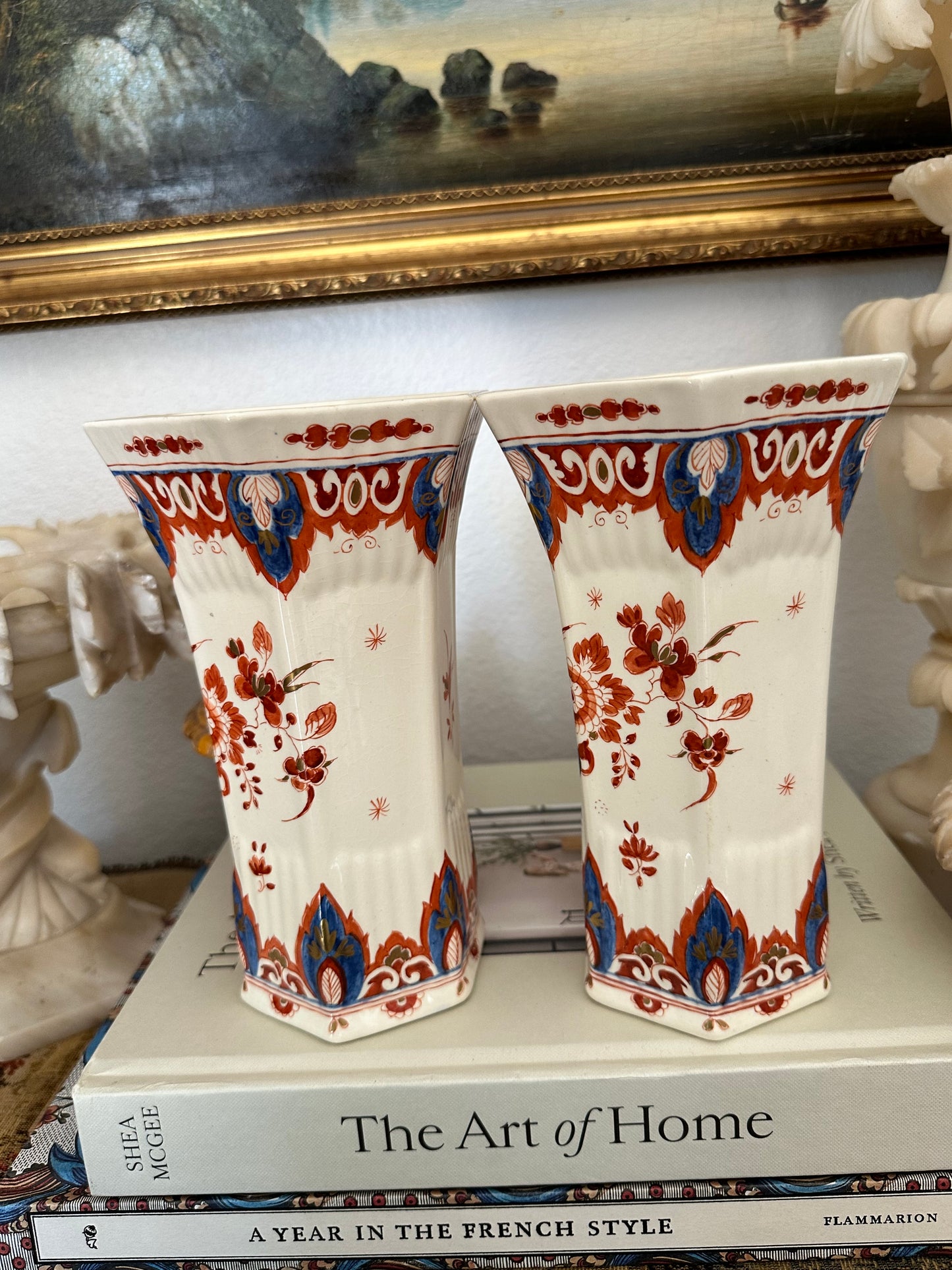 Pair of Antique Delft Style Pottery Vases, Hand Painted Red & Blue Floral Decoration