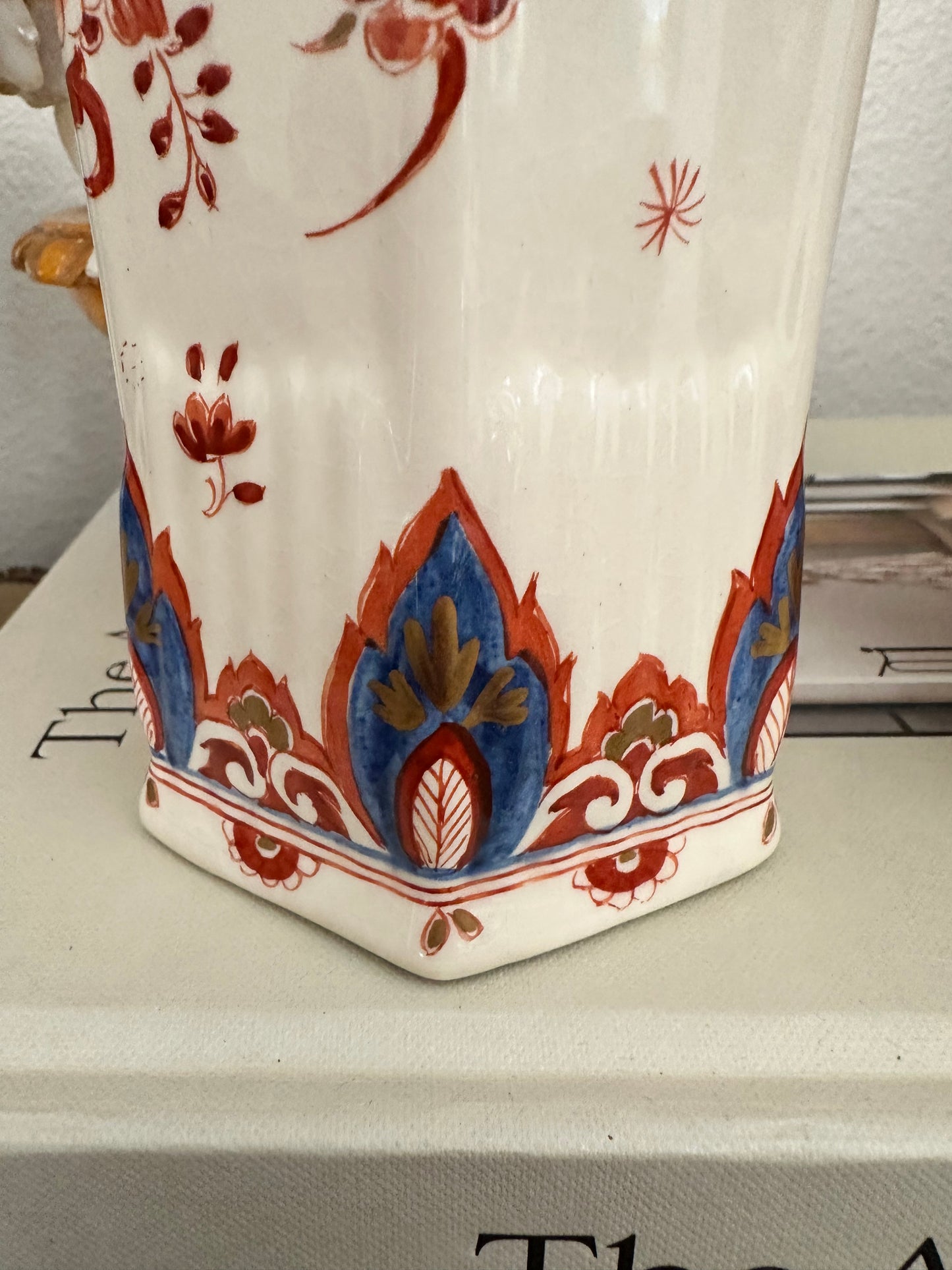 Pair of Antique Delft Style Pottery Vases, Hand Painted Red & Blue Floral Decoration