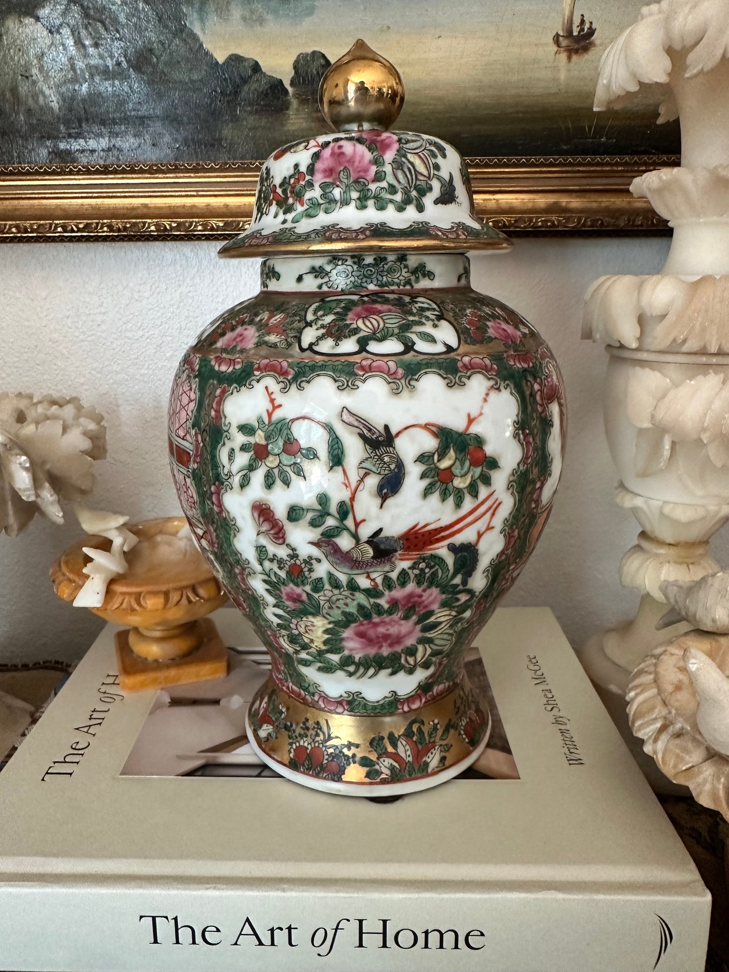 Vintage Macau Rose Medallion Temple Jar with Lid, 12.75" Chinoiserie Ginger Jar, Famille Rose Porcelain Vase