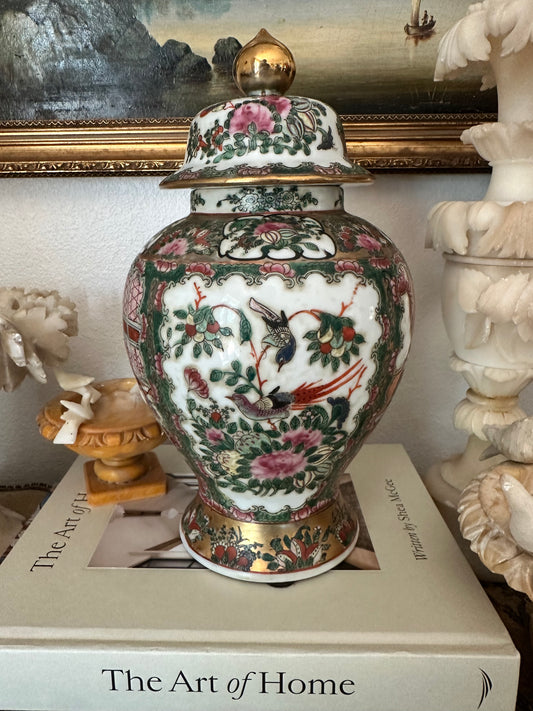 Vintage Macau Rose Medallion Temple Jar with Lid, 12.75" Chinoiserie Ginger Jar, Famille Rose Porcelain Vase