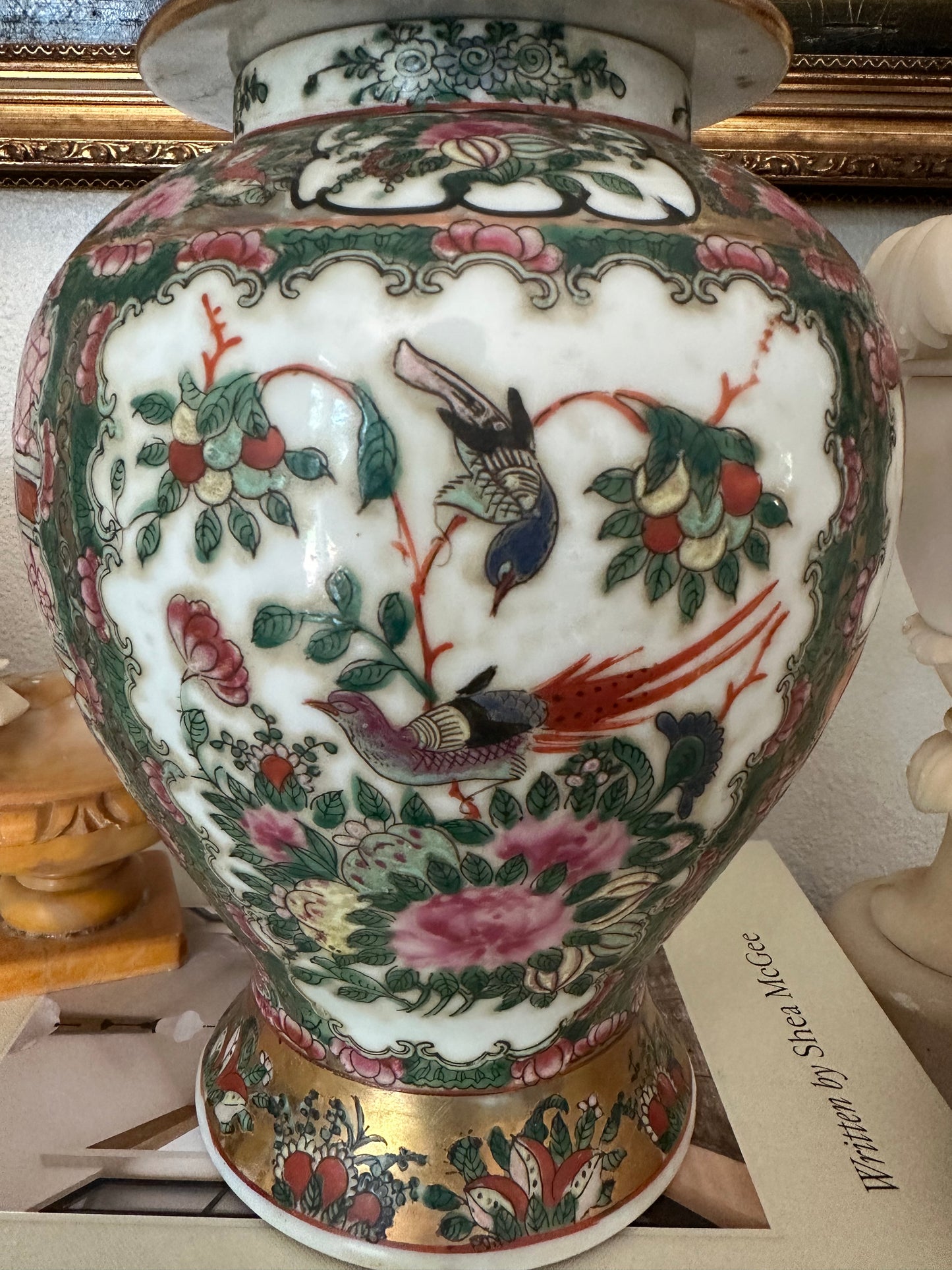 Vintage Macau Rose Medallion Temple Jar with Lid, 12.75" Chinoiserie Ginger Jar, Famille Rose Porcelain Vase